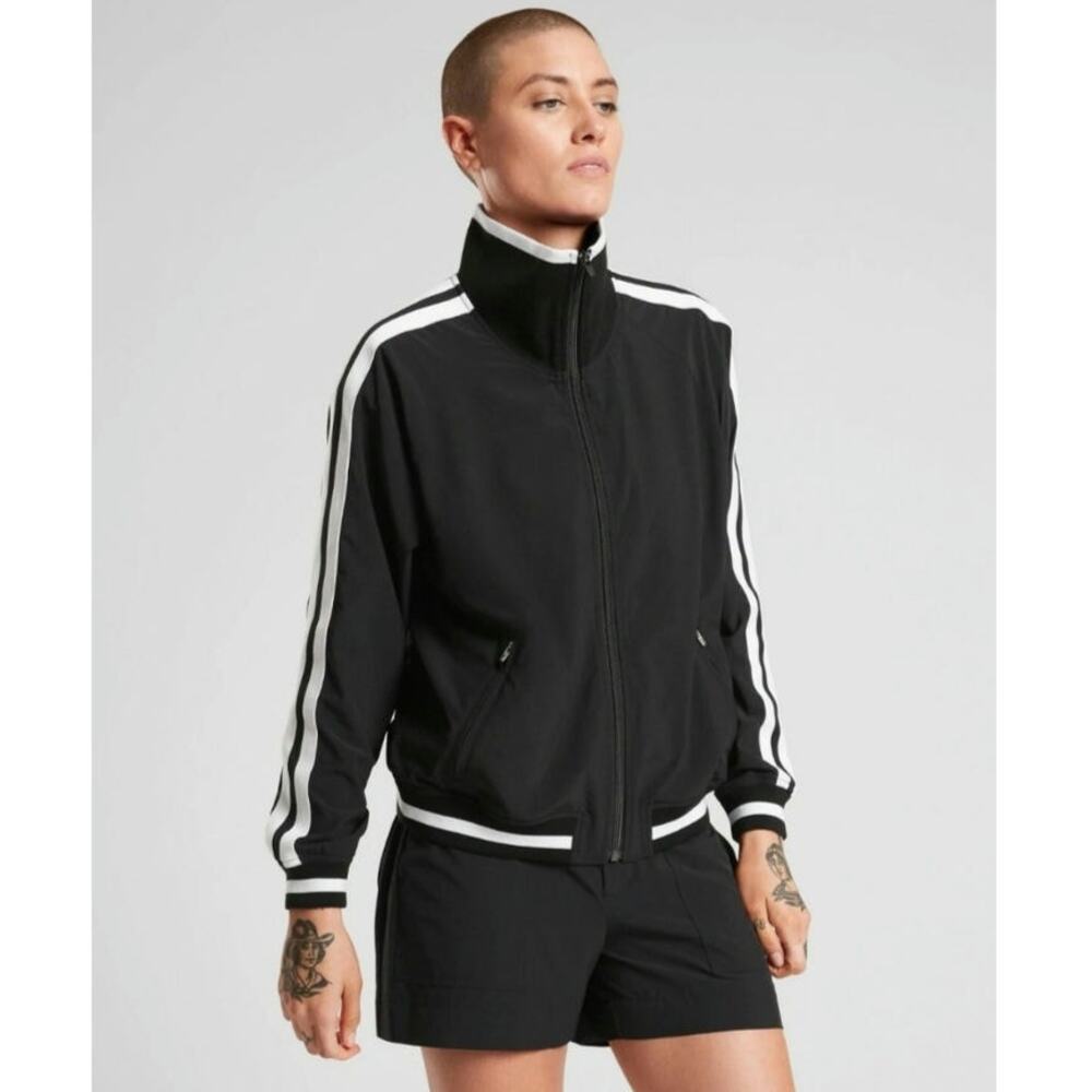 Athleta Sprint Track Jacket Black Featherweight Varsity Retro Sporty Stripe XS